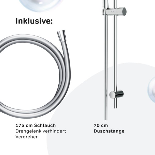 Duschset bestehend aus einer 70 cm Duschstange und einem 175 cm Brauseschlauch mit Verdrehschutz.