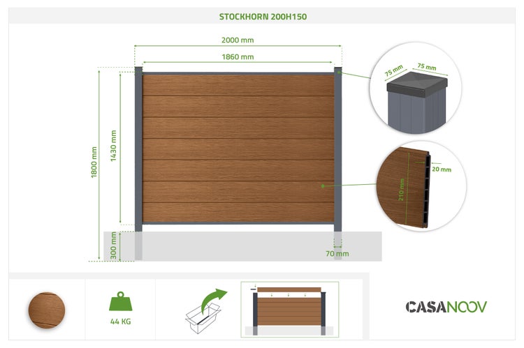Technische Zeichnung vom Sichtschutzzaun Stockhorn 200H150 mit Maßen: Breite 2000 Millimeter, Höhe 1800 Millimeter, Gewicht 44 Kilogramm.