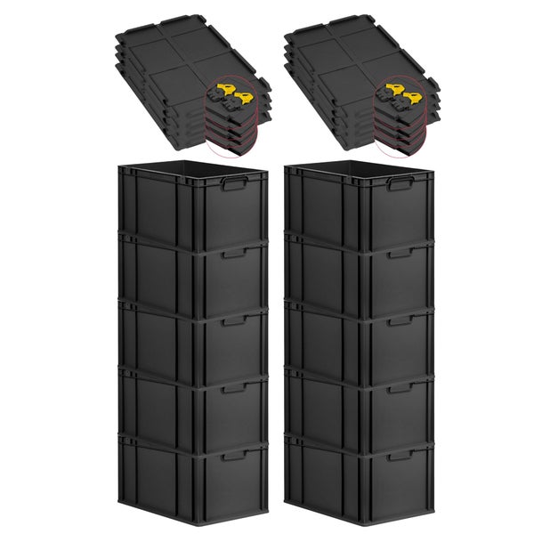 PROREGAL SuperSparSet 10x Eurobox NextGen Grip mit Scharnierdeckel und gelben Schiebeschnappverschlüssen, HxBxT 32x40x60cm, 65 Liter, Schwarz, Griffe geschlossen, Verstärkter Boden, Eurobehälter, Transportbox, Transportbehälter, Stapelbehälter