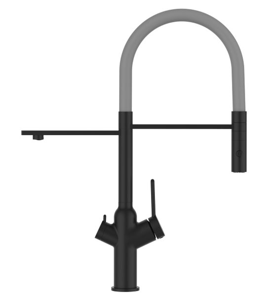 3 Wege Wasserhahn Küchenarmatur, BOD, mit 360° schwenkbarem Auslauf, abnehmbare 2 strahl Handbrause, Schwarz Matt / Grau