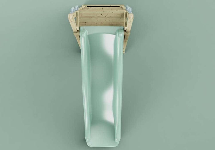 Hellgrüne Rutsche aus Kunststoff mit Podest aus Holz in der Draufsicht.