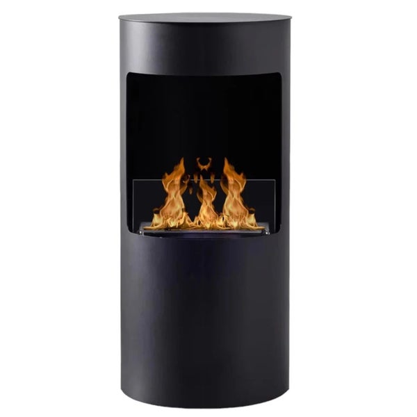 Schwarzer Bioethanolkamin in Zylinderform mit Flammen