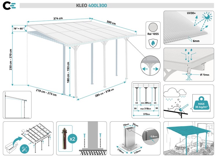 Terrassenüberdachung garten alu Weiß KLEO - Höhe verstellbar 374x300x225/270 cm - mit Polycarbonat Dach Weiß halbtransparent 6mm Auch Pergola/Carport