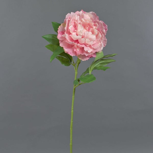 Künstliche Pfingstrose in Rosa mit grünem Stiel und Blättern.