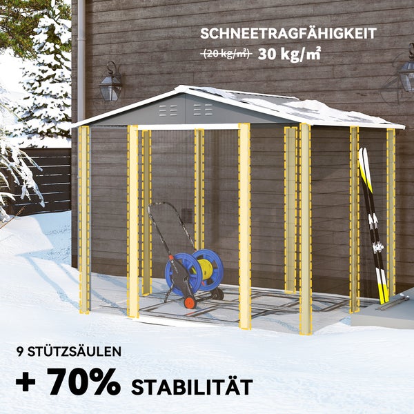 Metall-Gerätehaus mit neun Stützsäulen für 70 Prozent mehr Stabilität und eine Schneetragfähigkeit von 30 Kilogramm pro Quadratmeter.