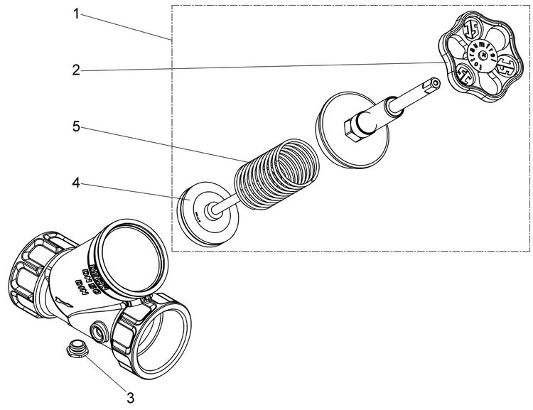 Technische Zeichnung einer Ventilbaugruppe in Explosionsdarstellung mit nummerierten Einzelteilen wie Gehäuse, Handrad, Feder und Dichtung.