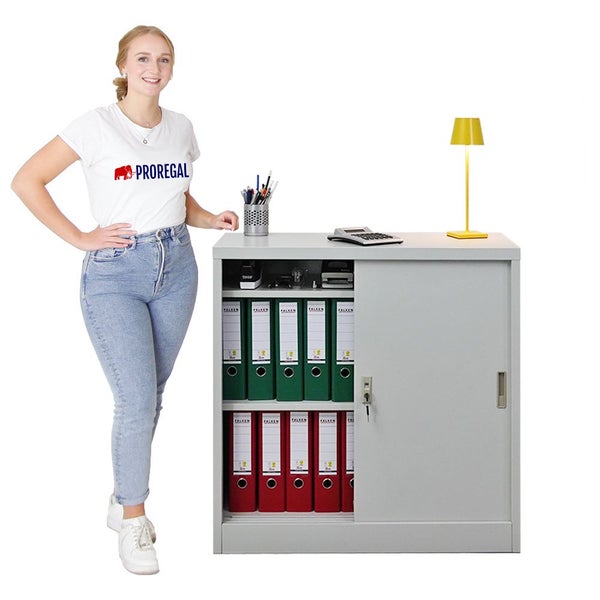 PROREGAL Aktenschrank ELEPHANT mit Abschließbaren Schiebetüren HxBxT 90 x 90 x 40 cm 2 Fachböden Lichtgrau