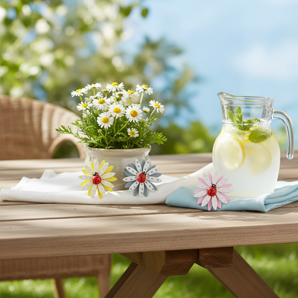 Dekorative Blumen-Clips mit Marienkäfern auf einem Gartentisch aus Holz mit einem Topf Gänseblümchen und einer Karaffe Limonade.