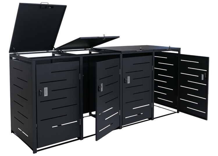 Mülltonnenbox aus schwarzem Metall für vier Tonnen mit horizontalen Belüftungsschlitzen sowie teilweise geöffneten Deckeln und Türen.
