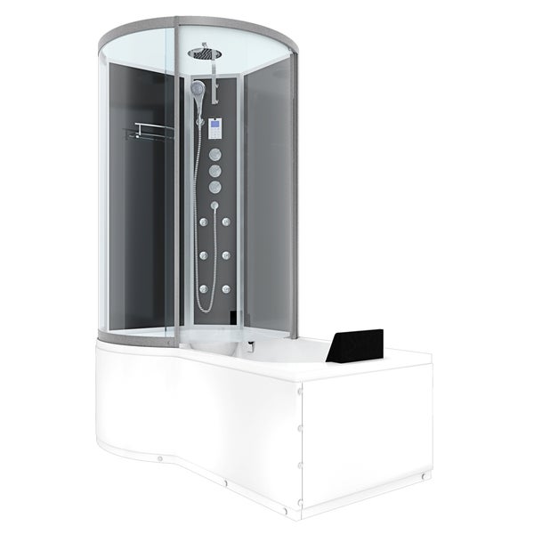 Duschkabine und Badewanne Kombination mit Massagedüsen, Regenduschkopf, Handbrause und integriertem Bedienpanel.