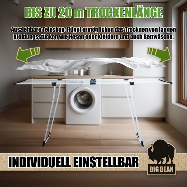 Wäscheständer mit bis zu 20 Metern Trockenlänge, ausziehbaren Teleskopflügeln und individuell einstellbarer Höhe.