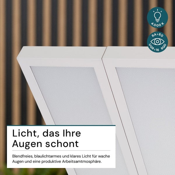 Nahaufnahme von zwei weißen Lampen mit Lichtsymbolen für 4000 Kelvin, Farbwiedergabeindex größer als 80 und UGR kleiner als 16