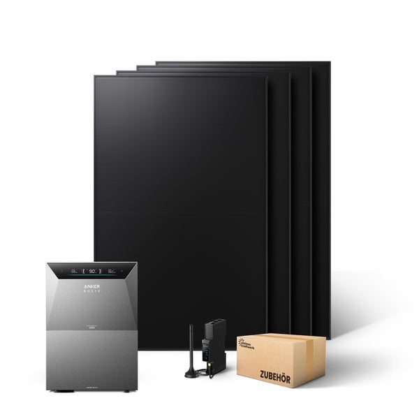 Balkonkraftwerk Set von Kleines Kraftwerk mit Anker SOLIX Solarbank zwei Pro, vier Solarmodulen, Smart Meter und Zubehörbox.