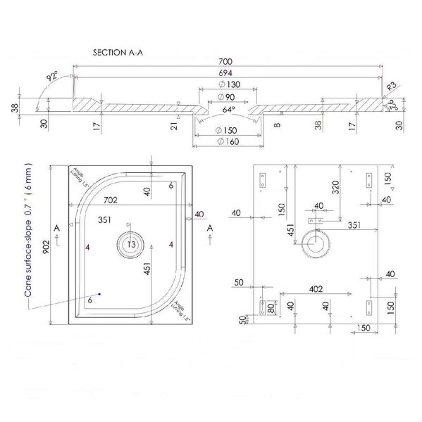 Duschwanne 70X90x3cm bodengleicher Einbau | Klio