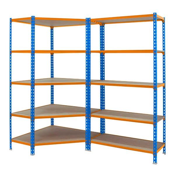 Mega Deal 1x Eckregal + 1x Schwerlastregal MULI | HxBxT 180x180x30cm | Fachlast 200kg | Blau-Orange
