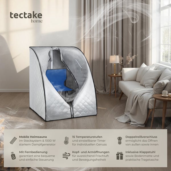 Mobile Heimsauna von tectake mit Dampfgenerator, Klappstuhl, Bodenmatte und Tragetasche in einem hellen Raum.