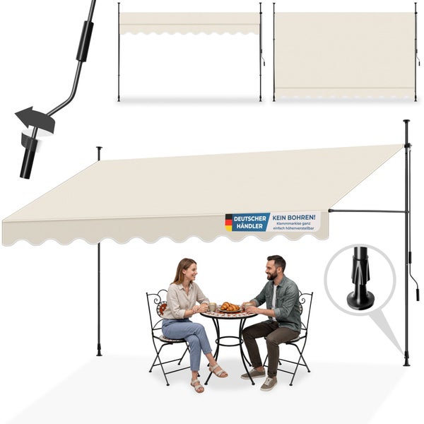 Beige Klemmmarkise mit Volant, schwarzem Gestell, höhenverstellbar, kein Bohren, inklusive Handkurbel und Sitzgruppe.