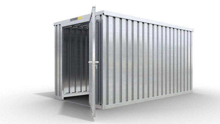 Lagercontainer Gerätehaus L  – 8 qm, H2115 x B4050 x T2170 mm, verzinkt, ohne Fußboden, 1270 mm Einflügeltür mittig in Stirnseite, zerlegt