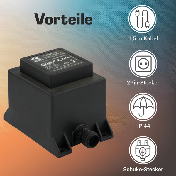 AC-Adapter mit 1,5 Meter Kabel, 2-Pin-Stecker, Schutzart IP 44 und Schuko-Stecker.