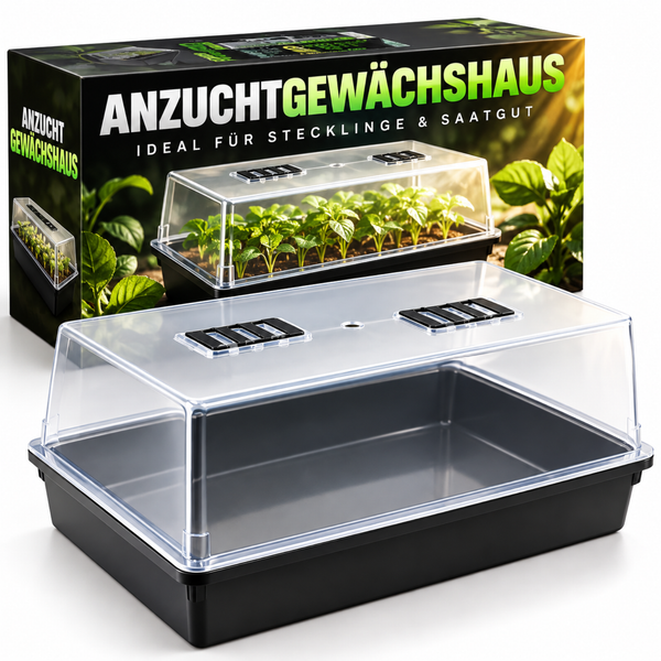 Anzuchtgewächshaus mit transparenter Haube und verstellbaren Belüftungsschlitzen zur Pflanzenanzucht inklusive Produktverpackung