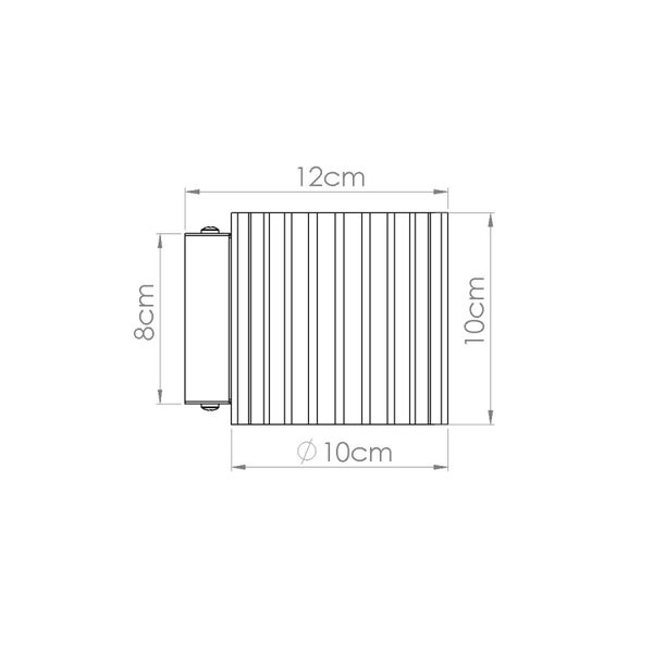 Maßzeichnung einer Wandleuchte mit 12 Zentimeter Breite, 10 Zentimeter Höhe und einem Durchmesser von 10 Zentimetern.
