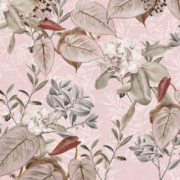 Blumenmuster mit Blättern und Blüten auf rosa Hintergrund