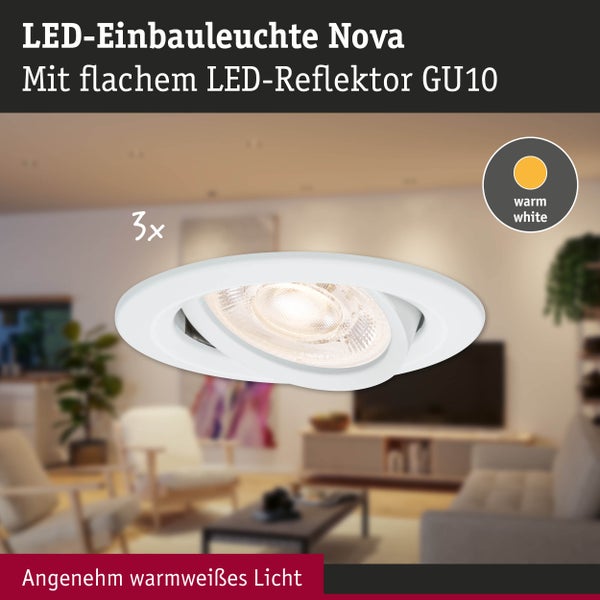 3er-Set LED-Einbauleuchte Nova mit flachem GU10-Reflektor und warmweißem Licht.
