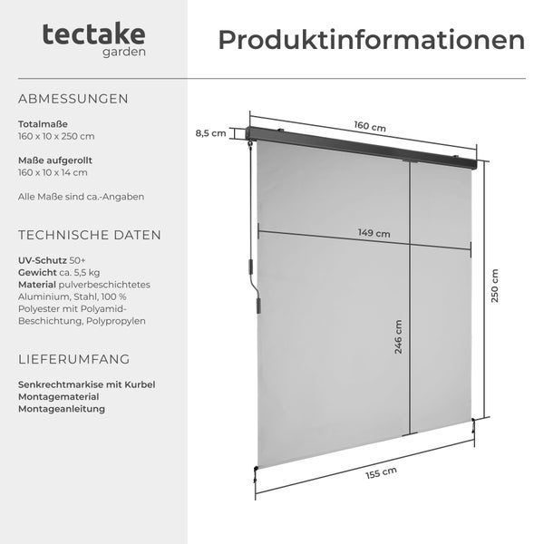 Senkrechtmarkise tectake Eloise inkl. Wandhaltern verschiedene Größen hellgrau