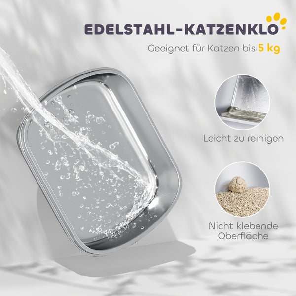 Edelstahl-Katzenklo für Katzen bis 5 Kilogramm, leicht zu reinigen durch Wasserstrahl und nicht klebende Oberfläche.