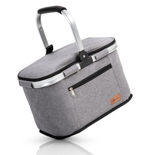 Graue Kühltasche mit Tragegriff für den Transport von Speisen und Getränken.