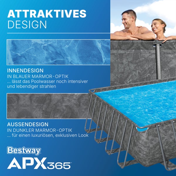 Bestway APX365 Aufstellpool mit Innendesign in blauer Marmor-Optik und Außendesign in dunkelgrauer Marmor-Optik. Bestway Logo.