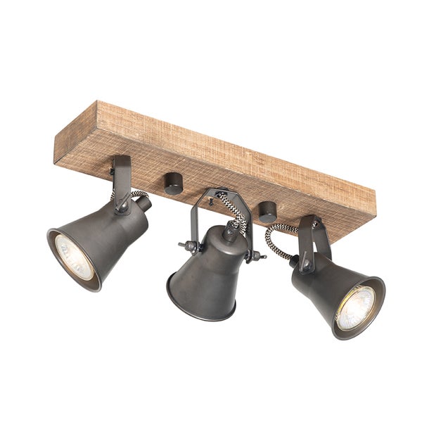 Dreiflammiger Deckenstrahler aus Holz und Metall mit verstellbaren Spots im Industrial-Design.