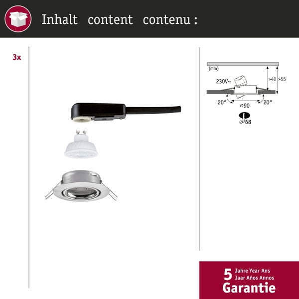 Packungsinhalt für drei LED Einbaustrahler inklusive GU10 Leuchtmittel und Anschlussdose. Montagezeichnung mit Einbaumaßen und 5 Jahren Garantie.