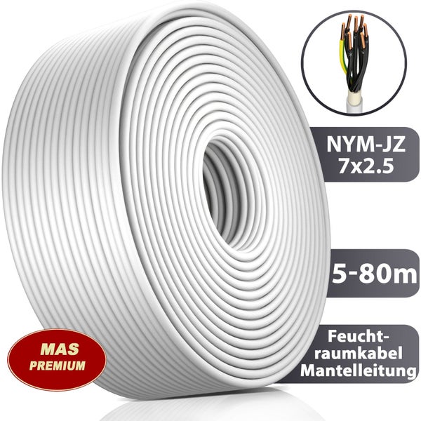 MAS Premium Feuchtraumkabel NYM-JZ 7x2,5, Mantelleitung als Rolle mit Detailansicht der sieben Adern.