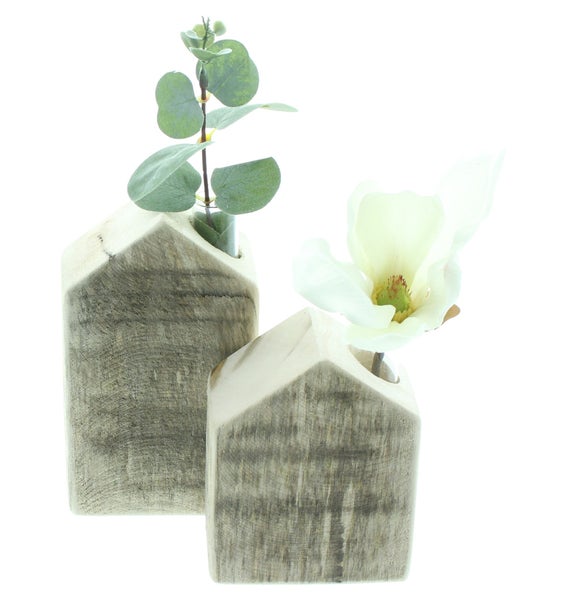 FRANK FLECHTWAREN | Vase Häuschen, 2er Set, PAPPEL, GLAS, 8,5 x 5,5 x 11 cm, 8,5 x 5,5 x 15 cm
