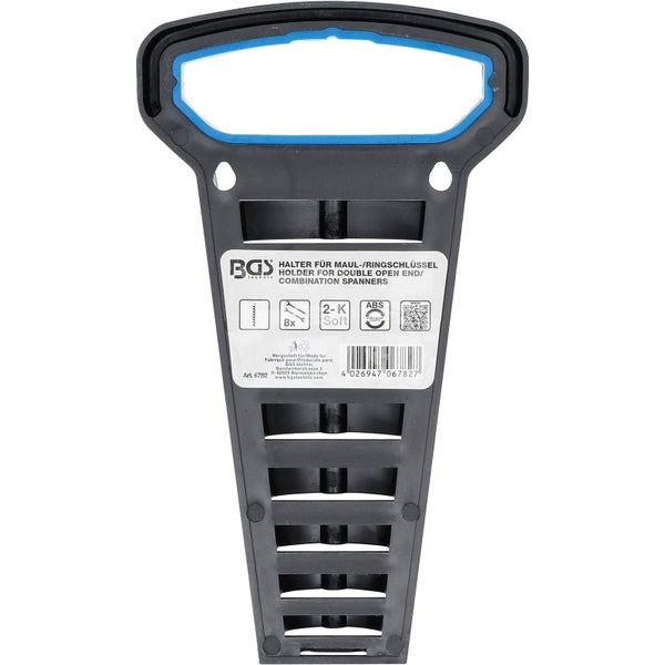 BGS technic Halter für 8 Maul- und Ringschlüssel aus schwarzem Kunststoff mit blauem Soft-Griff.