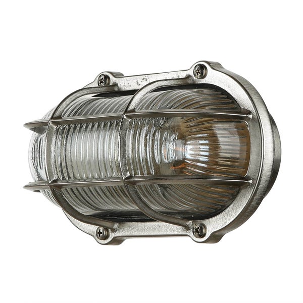 Ovale Wandleuchte mit Schutzgitter und transparentem Lampenschirm