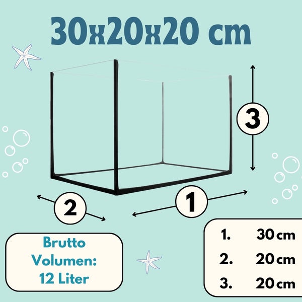 Aquarium mit den Maßen 30 x 20 x 20 cm und einem Bruttovolumen von 12 Litern.