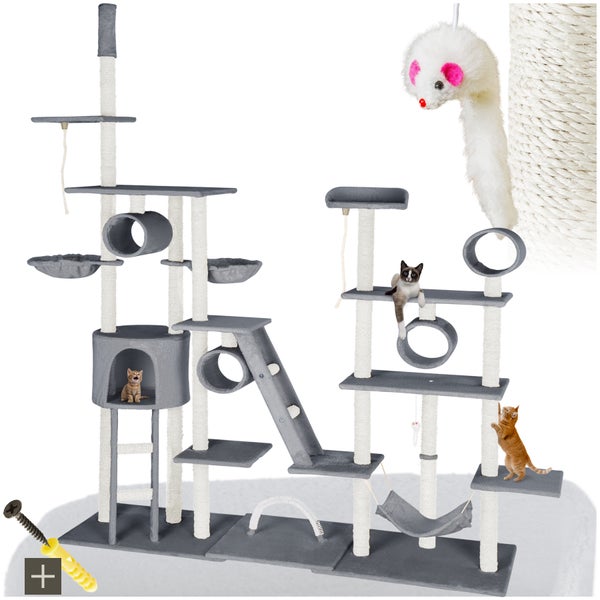 Kratzbaum tectake Snooky inklusive 2 Treppen, 2 Spielkordeln, Kratzbogen, Deckenspanner und Kippschutz 234 bis 261 cm grau