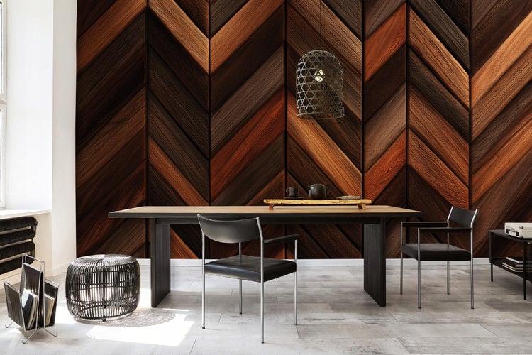 Esszimmer mit Holzwandverkleidung in Fischgrätmuster und Pendelleuchte