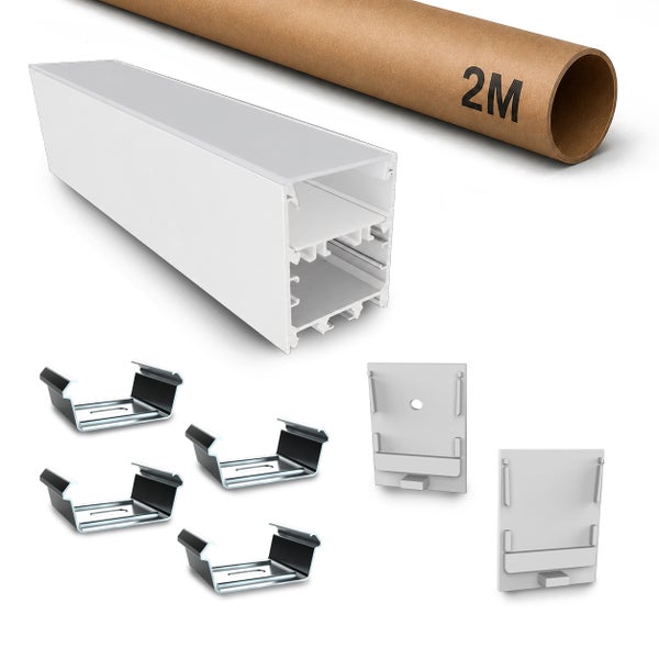 LED Profil Set aus Aluminium inklusive zwei Meter Rohr vier Befestigungsclips und zwei Endkappen für die Montage von LED Streifen