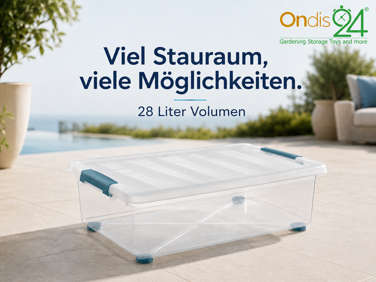Durchsichtige Kunststoff Aufbewahrungsbox mit Deckel und Rollen, 28 Liter Volumen, Ondis24 Logo