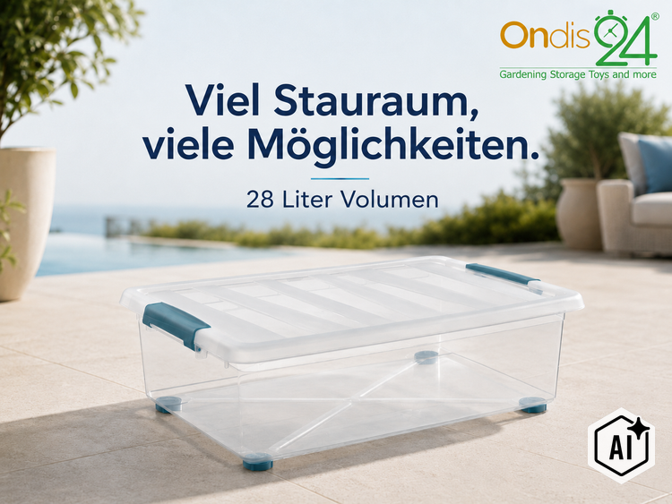 Durchsichtige Kunststoff Aufbewahrungsbox mit Deckel und Rollen, 28 Liter Volumen, Ondis24 Logo
