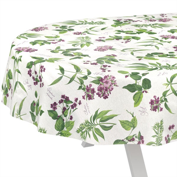 Runde Tischdecke mit botanischem Muster aus Blumen, Blättern und Schriftzügen.
