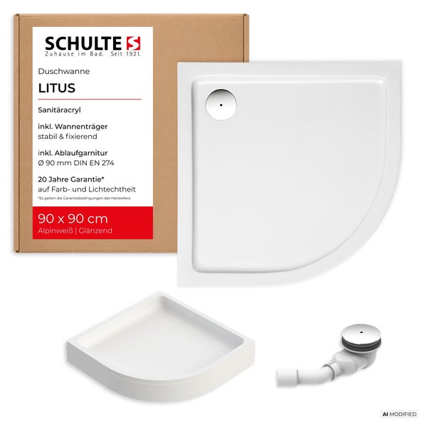 Schulte Litus Viertelkreis Duschwanne aus Sanitäracryl mit Wannenträger und Ablaufgarnitur, 90 mal 90 Zentimeter, inklusive Verpackung.