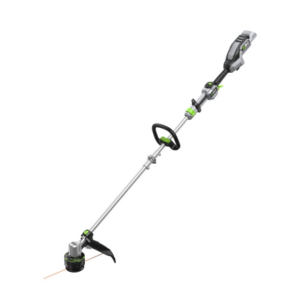 Akku-Rasentrimmer mit verstellbarem Handgriff, silbernem Aluminiumschaft und schwarzer Fadenspule.