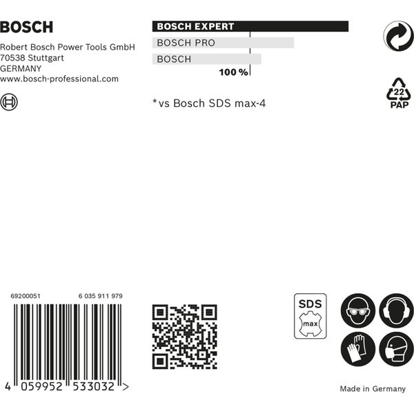 Bosch Logo mit Firmeninformationen, Leistungsskala, Barcode, QR Code und Schutzhinweisen.