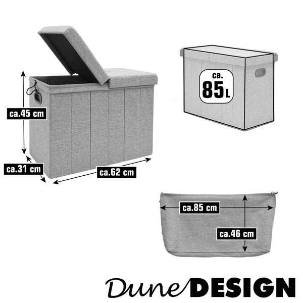 DuneDesign Sitzbank, circa 62 mal 31 mal 45 Zentimeter, circa 85 Liter, graue Leinenoptik, inklusive Wäschesack, DuneDesign Logo.