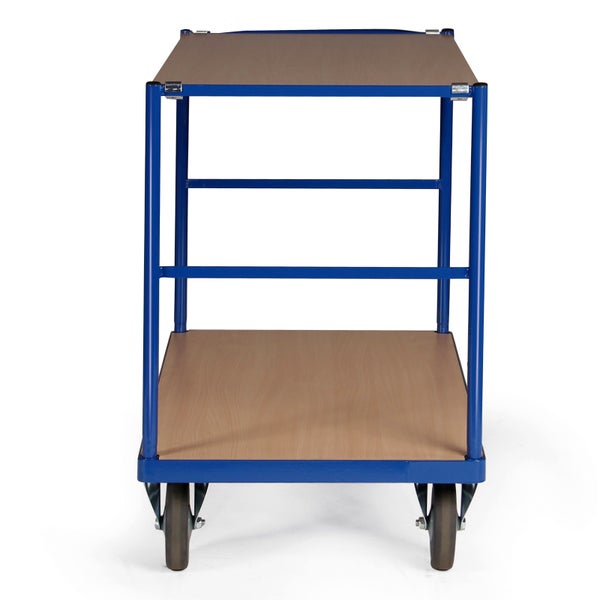 Etagenwagen mit zwei Holzplattformen und blauem Stahlgestell auf Rollen.