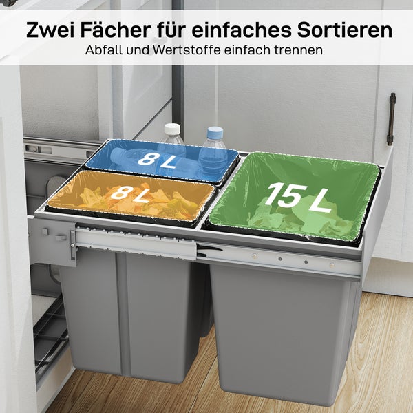Einbau Abfalltrennsystem mit zwei beziehungsweise drei Fächern für die Mülltrennung im Küchenschrank mit 8 Liter und 15 Liter Fassungsvermögen